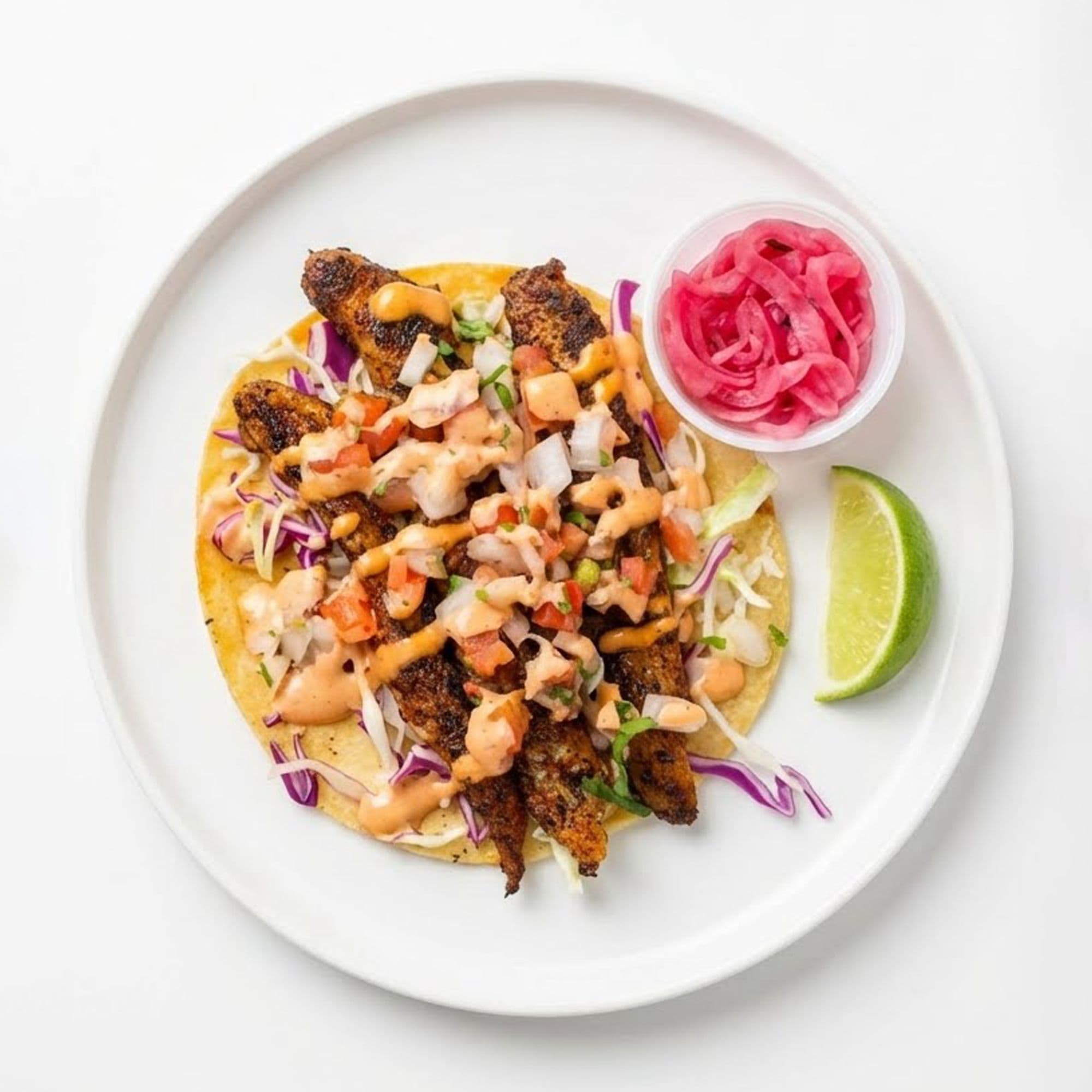 Restaurant food photo after AI enhancement - Transformed from a casual plate setting with yellow background to a clean white circular plate on pure white background. Enhanced lighting brings out vibrant colors in the ingredients, with improved saturation making the red onions and lime pop.